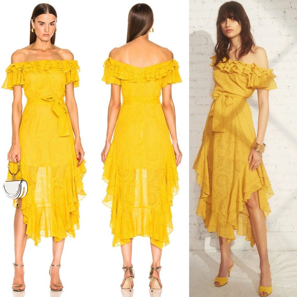 Marissa Webb 100% Silk Sofia Embroidered Ruffle Midi Dress L Saffron Yellow $798